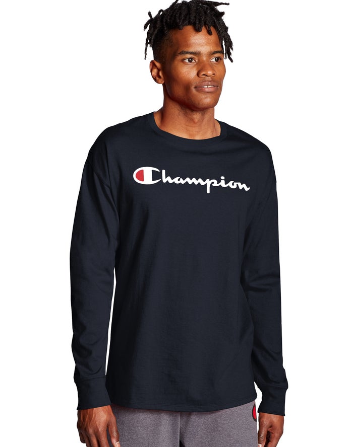 Champion Classic Long-Sleeve Script Logo - Miesten Laivastonsininen T-Paita - Suomi 9704351-GP